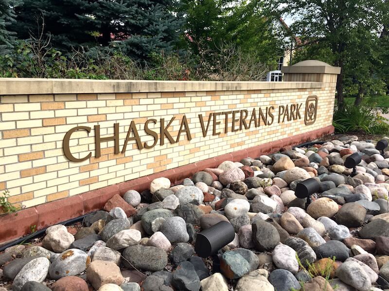 Sign of Veterans Park in Chaska, Minnesota